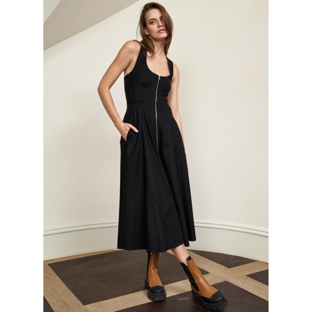NEW La Ligne Selby Midi Dress (Sz S) Virgin Wool Blend Sleeveless Smocked Black